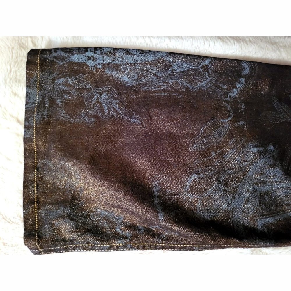 NWOT Cache gold glitter metallic blue paisley jeans 15" across waist - Picture 5 of 10